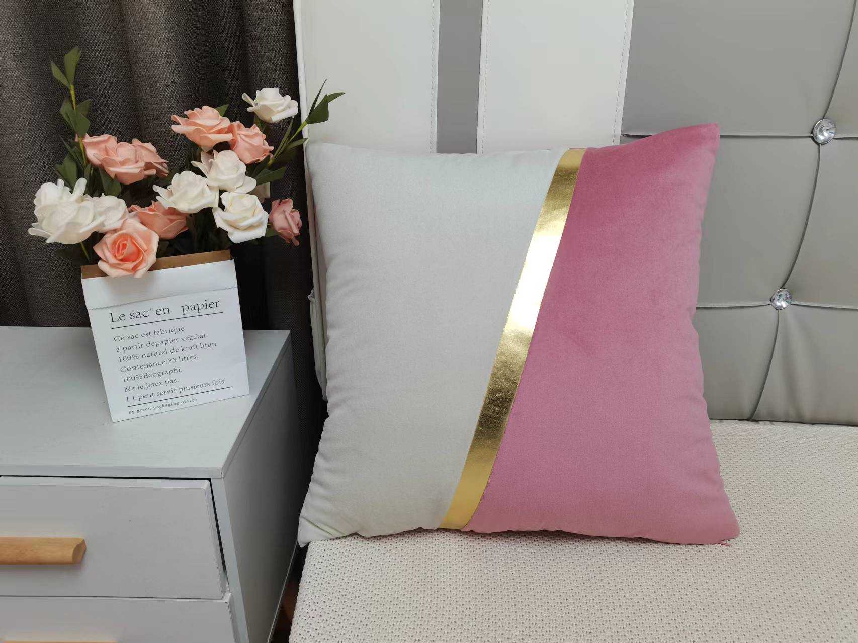 New Arrival Gold Leather Patchwork Cushion Cover Luxury Velvet Cushion Cover Decorative Home Velvet Pillow Case