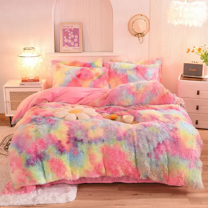 Luxury Ultra Soft King Size Colorful Fluffy Velvet Four Pieces Bedding Set