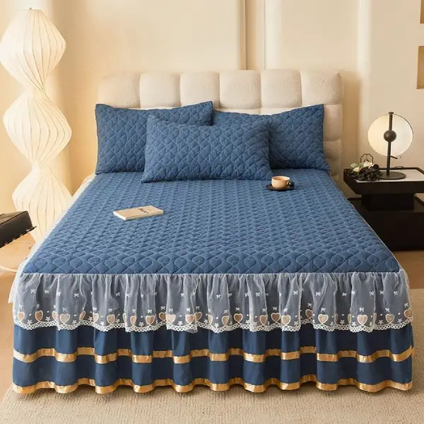 Double Layer Solid Color 3 Pieces Bedskirt Bedsheet Set