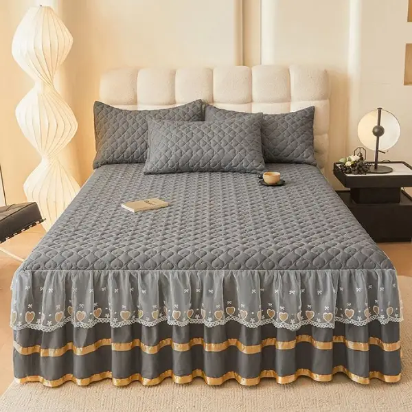 Double Layer Solid Color 3 Pieces Bedskirt Bedsheet Set