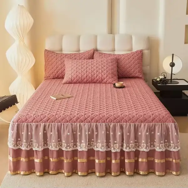 Double Layer Solid Color 3 Pieces Bedskirt Bedsheet Set