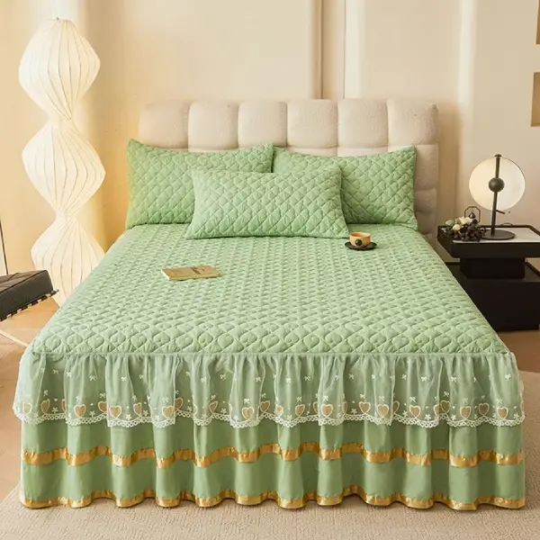 Double Layer Solid Color 3 Pieces Bedskirt Bedsheet Set
