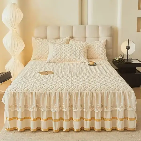 Double Layer Solid Color 3 Pieces Bedskirt Bedsheet Set