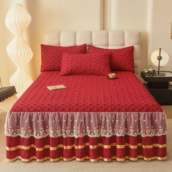 Double Layer Solid Color 3 Pieces Bedskirt Bedsheet Set